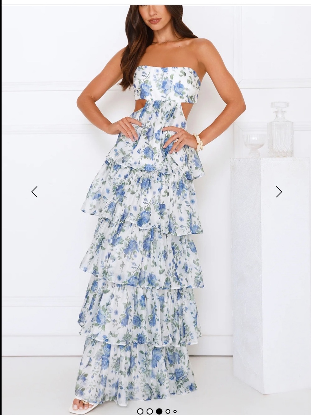 Hello Molly White Strapless Tiered Maxi Dress with Blue Floral Print